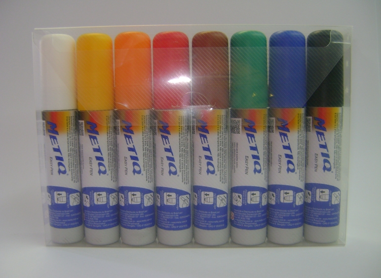 Caneta Easy Pen Ponteira 10mmx15mm – Cores: branco, amarelo, vermelho, preto, azul, marrom, laranja, verde – Embalagem com 8 un